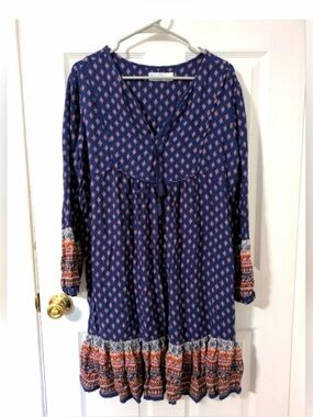 Time & Tru Bohemian Blue & Orange Mini Dress w/ Bell Sleeves Women’s XL 16 - 18